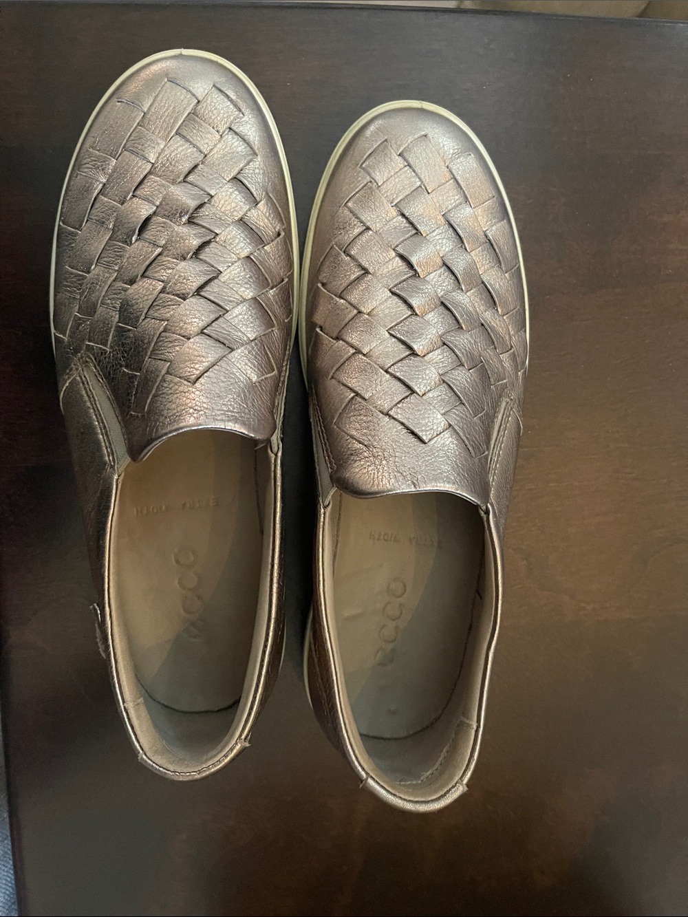Ecco Bronze Metallic Woven Leather Slip-On Loafers